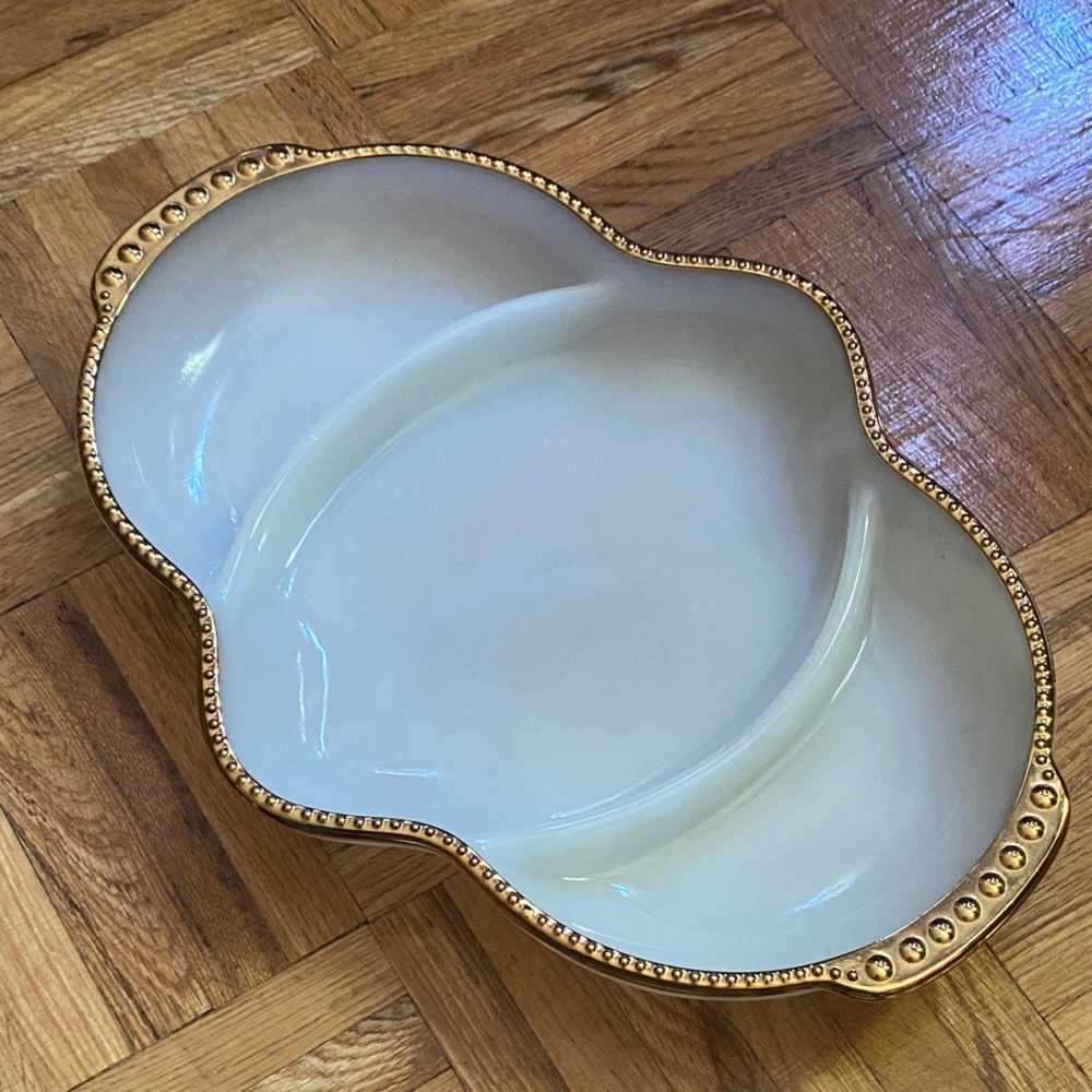 Vintage milk glass 50s Fire King divided dish, tray, plate,, gold trim,oven ware